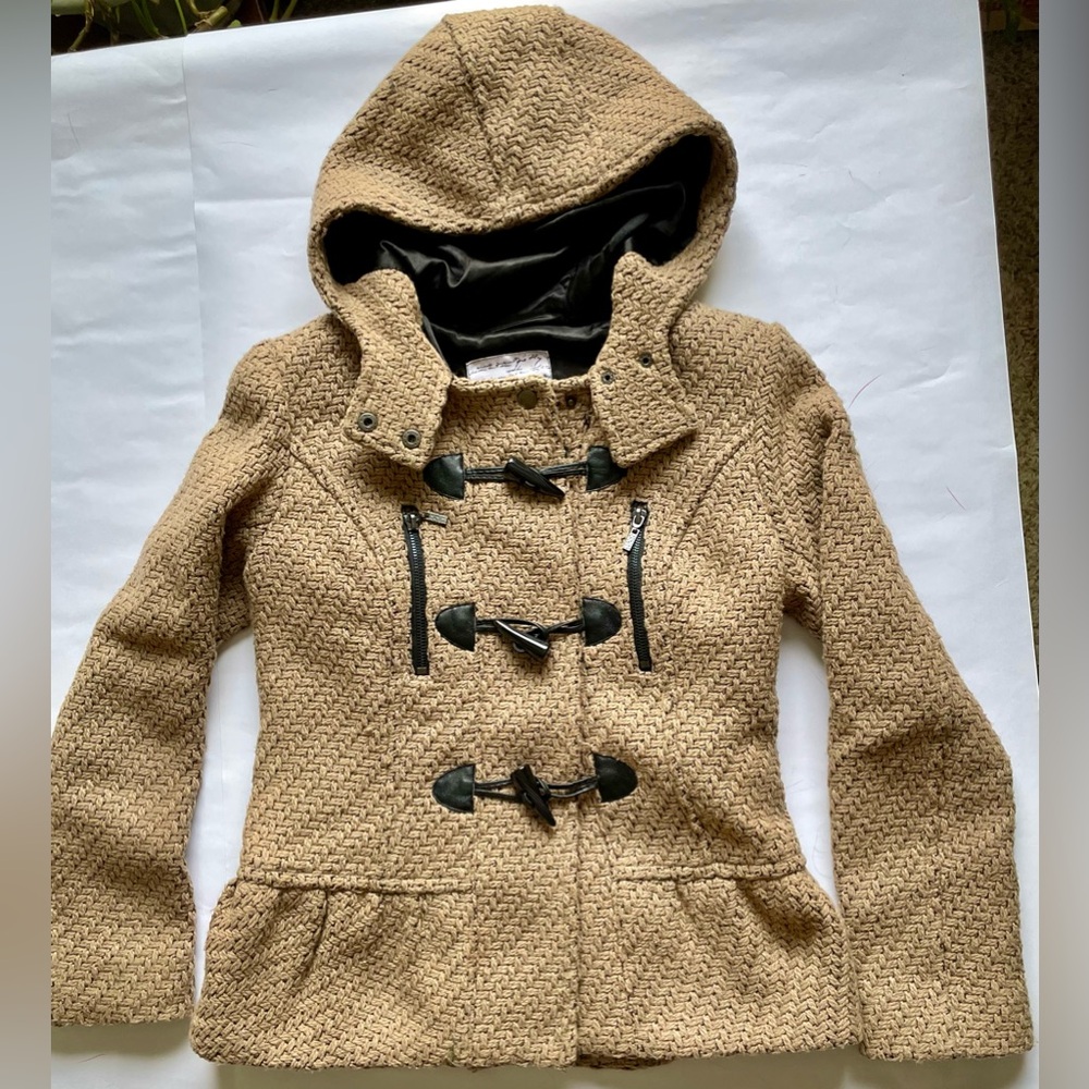 Kensie Small Womens Hooded Brown Short Duffle Knit Coat